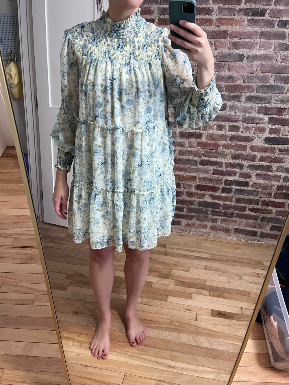 Storia Light Blue Floral Smocked Tiered Long Sleeve Dress